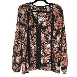 Oak & Trellis XL Dark Floral‎ Sheer Crochet Lace Trim Button Front Blouse Top